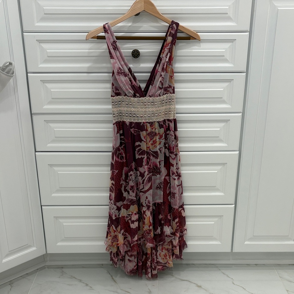 Free People Rose Garden Fit Flare. Burgundy and Blush Floral High-Low Maxi Dress